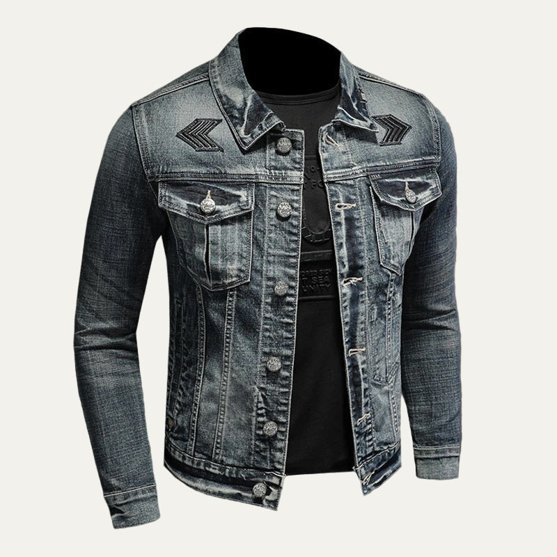 Men’s Distressed Denim Trucker Jacket with Shoulder Graphics
