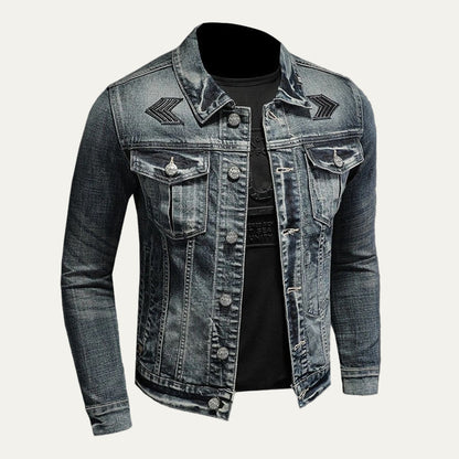 Men’s Distressed Denim Trucker Jacket with Shoulder Graphics