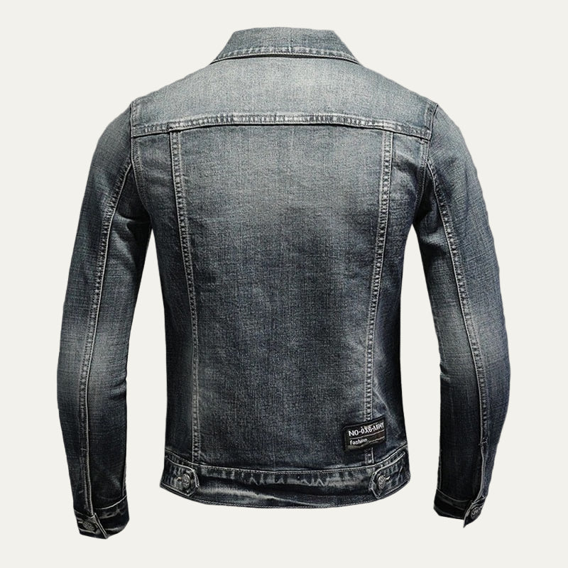 Men’s Distressed Denim Trucker Jacket with Shoulder Graphics