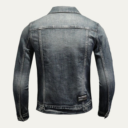 Men’s Distressed Denim Trucker Jacket with Shoulder Graphics