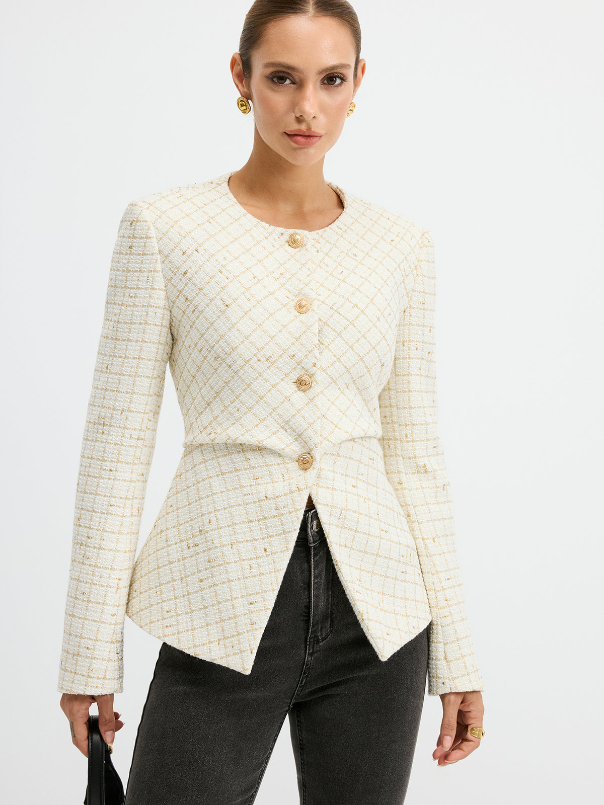 Romina | Women’s Modern Tweed Round Neck Short Blazer