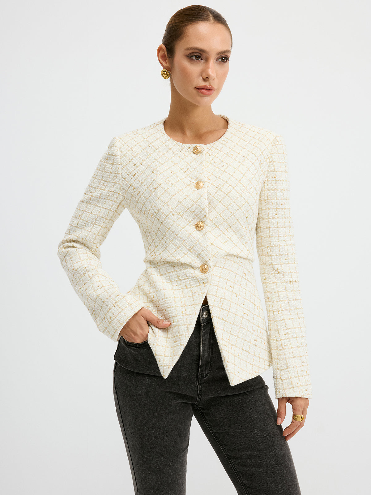 Romina | Women’s Modern Tweed Round Neck Short Blazer