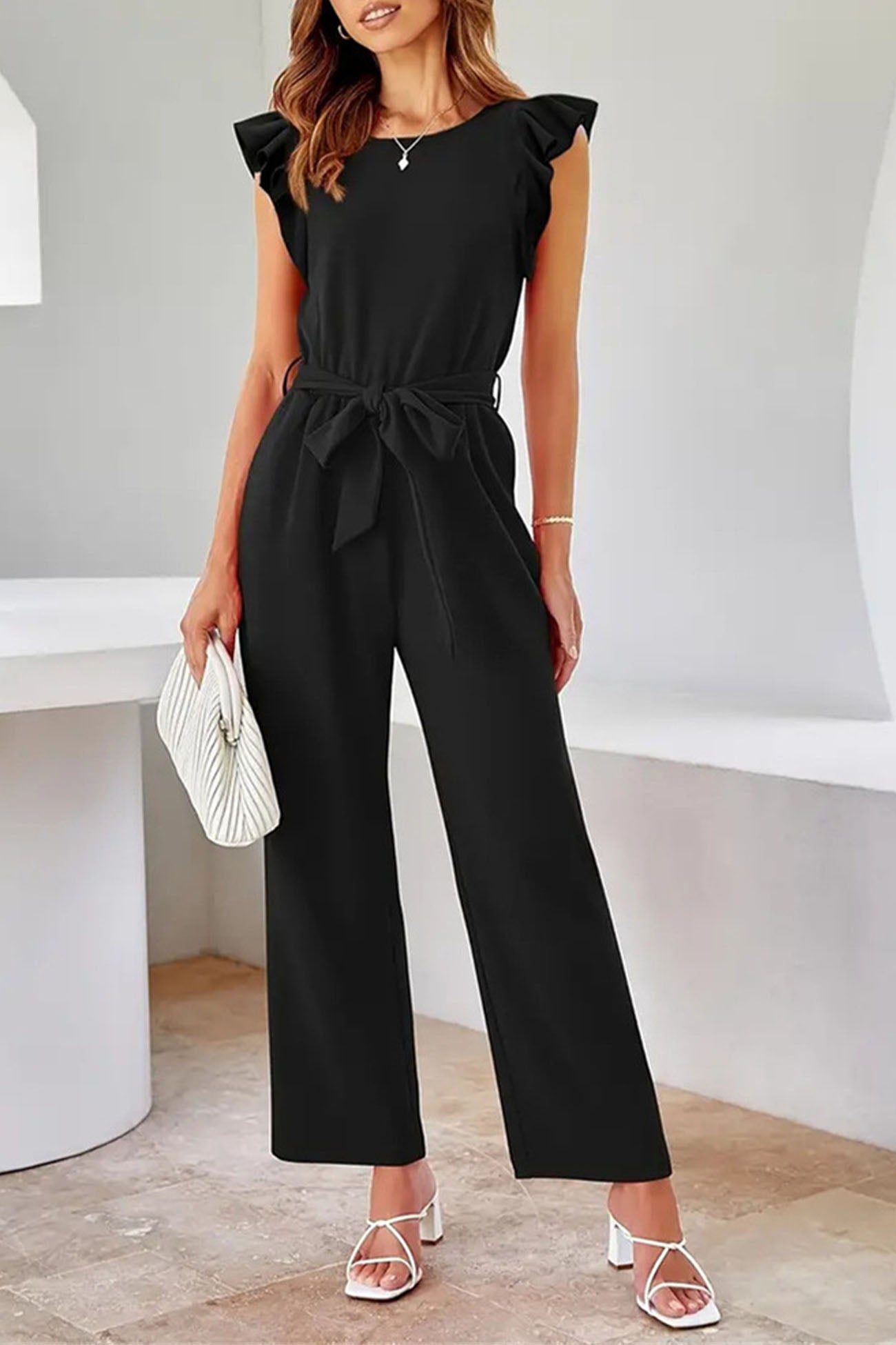 Chic Black Summer Jumpsuit with Ruffle Sleeves and Belt