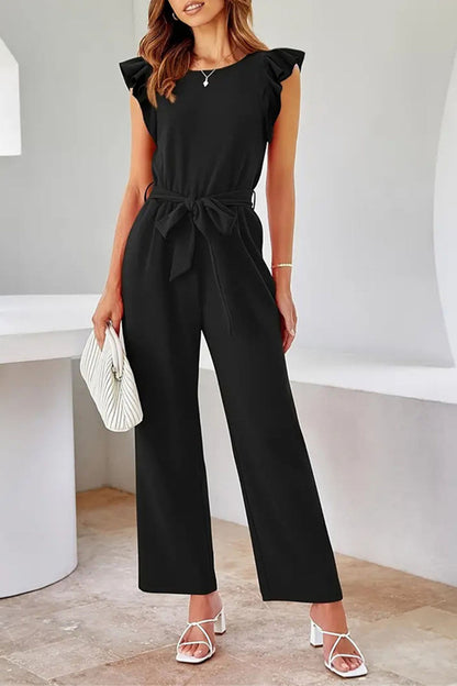 Chic Black Summer Jumpsuit with Ruffle Sleeves and Belt