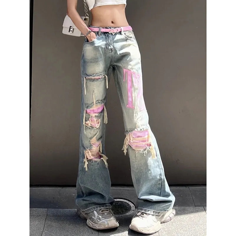 Comfortable Distressed Wide Leg Blue Women's Jeans - BritishElegance