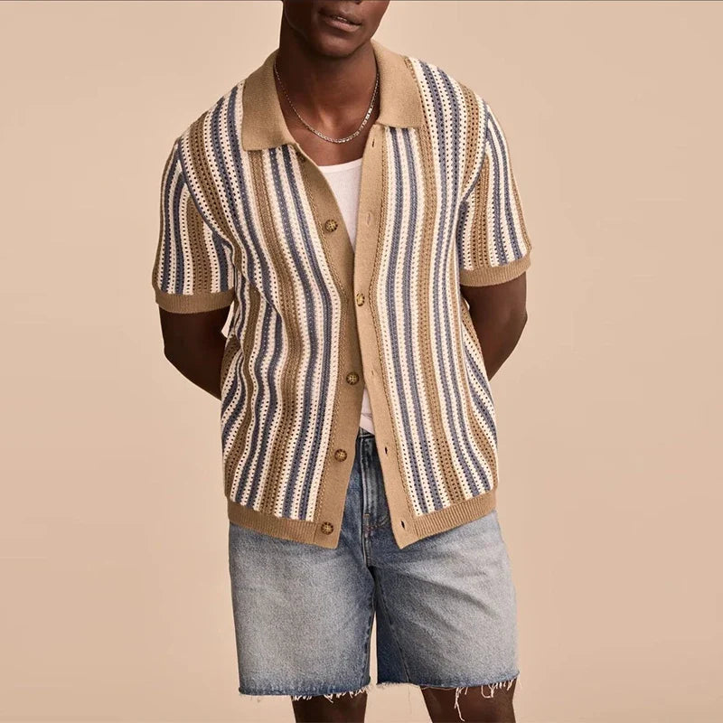 Lightweight Airy Striped Knit Men's Cardigan Sweater