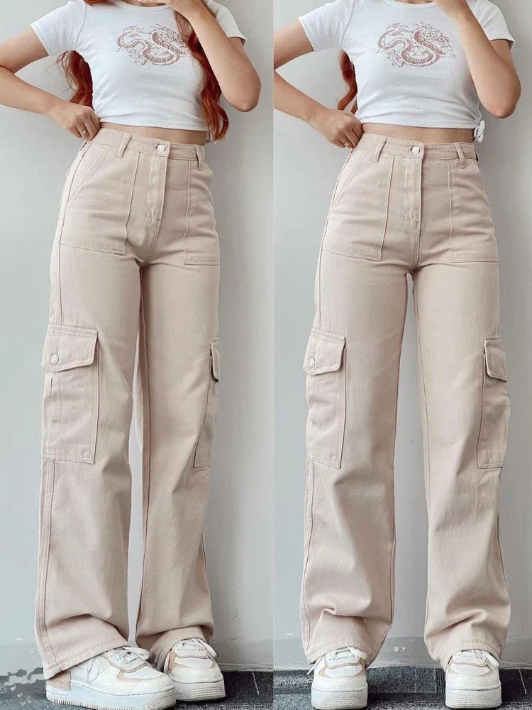 Retro Style Beige Cargo Wide Leg Jogger Pants - BritishElegance