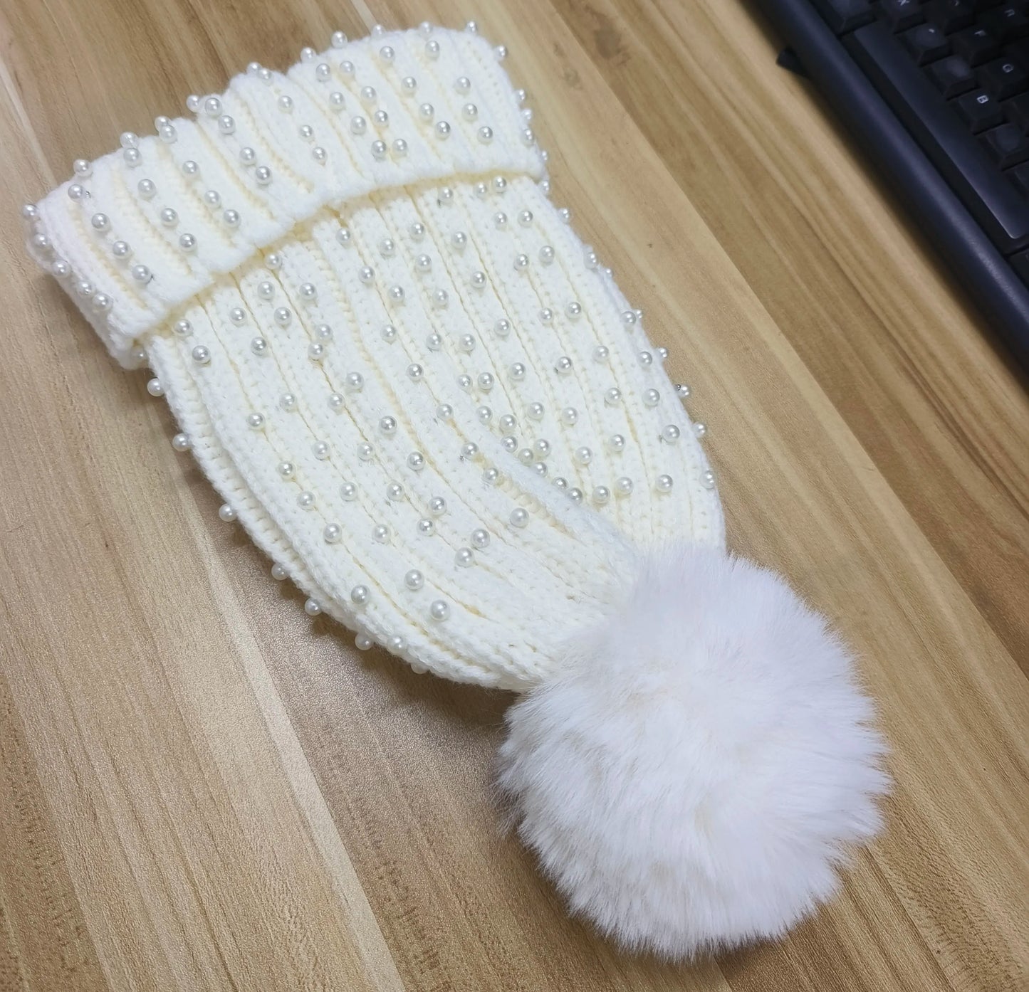 Sparkly Beaded Winter Pom Pom Hat