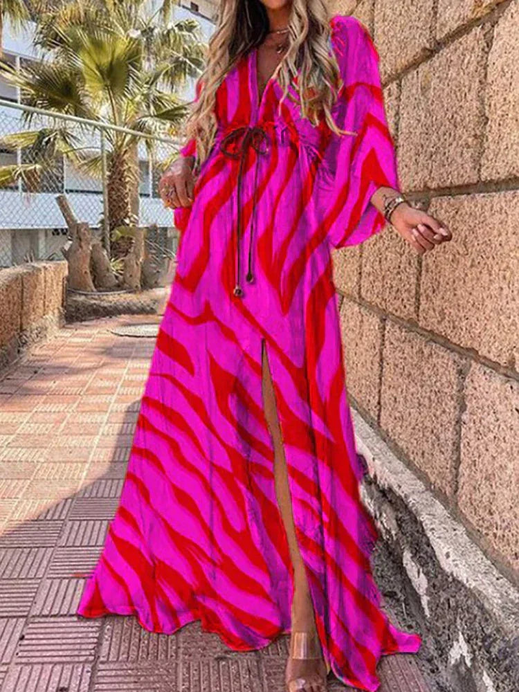 Vibrant Long Sleeve Graphic Maxi Dress