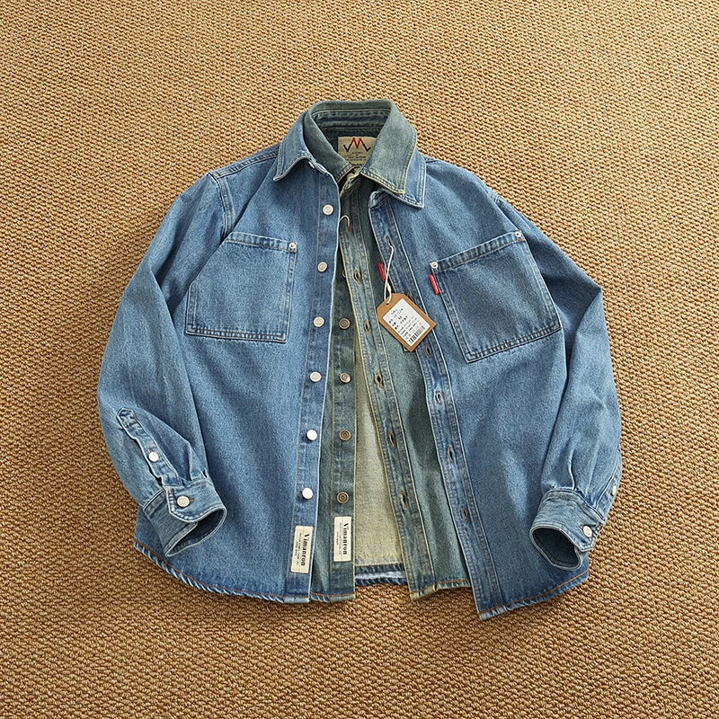 Classic Distressed Cotton Men's Denim Jacket Shirt - BritishElegance