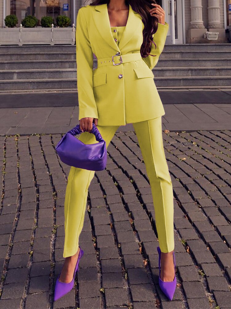 Bright Yellow Jacket Two Piece Outfit - BritishElegance