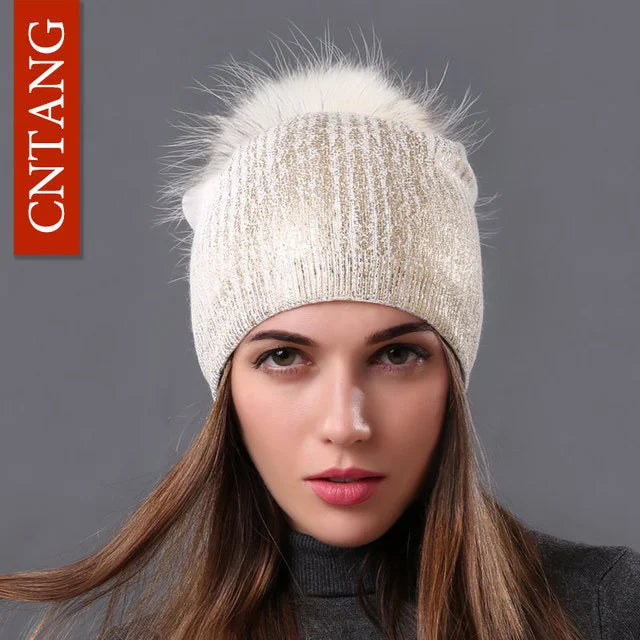 Warm Winter Knit Hat with Faux Fur Pom Pom