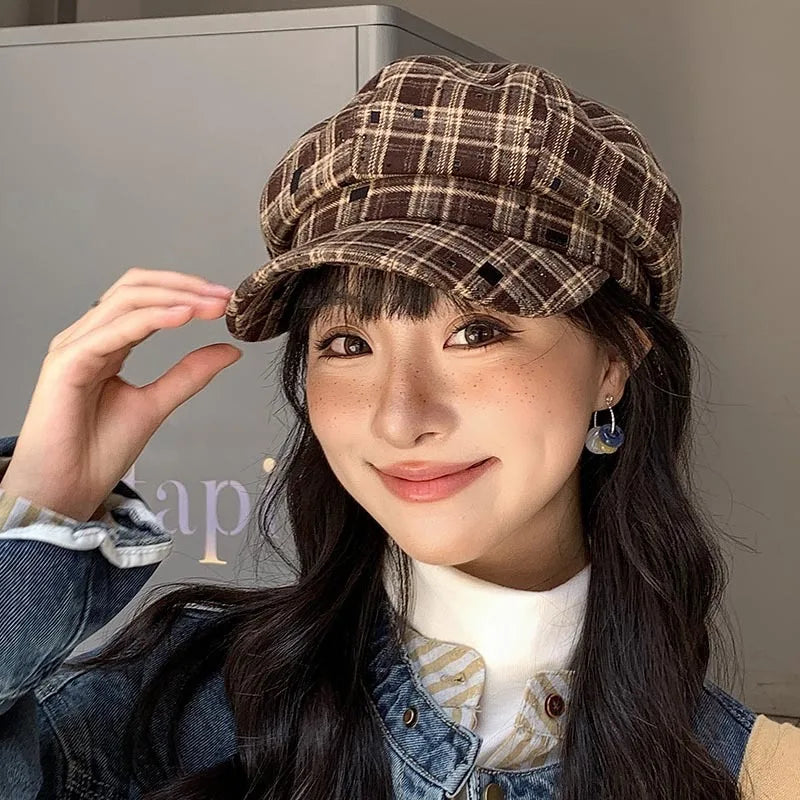 Classic Check Winter Beret Hat for Ladies - BritishElegance
