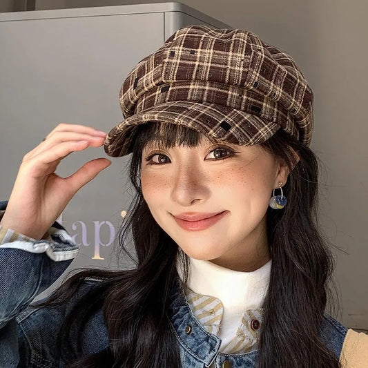 Classic Check Winter Beret Hat for Ladies - BritishElegance