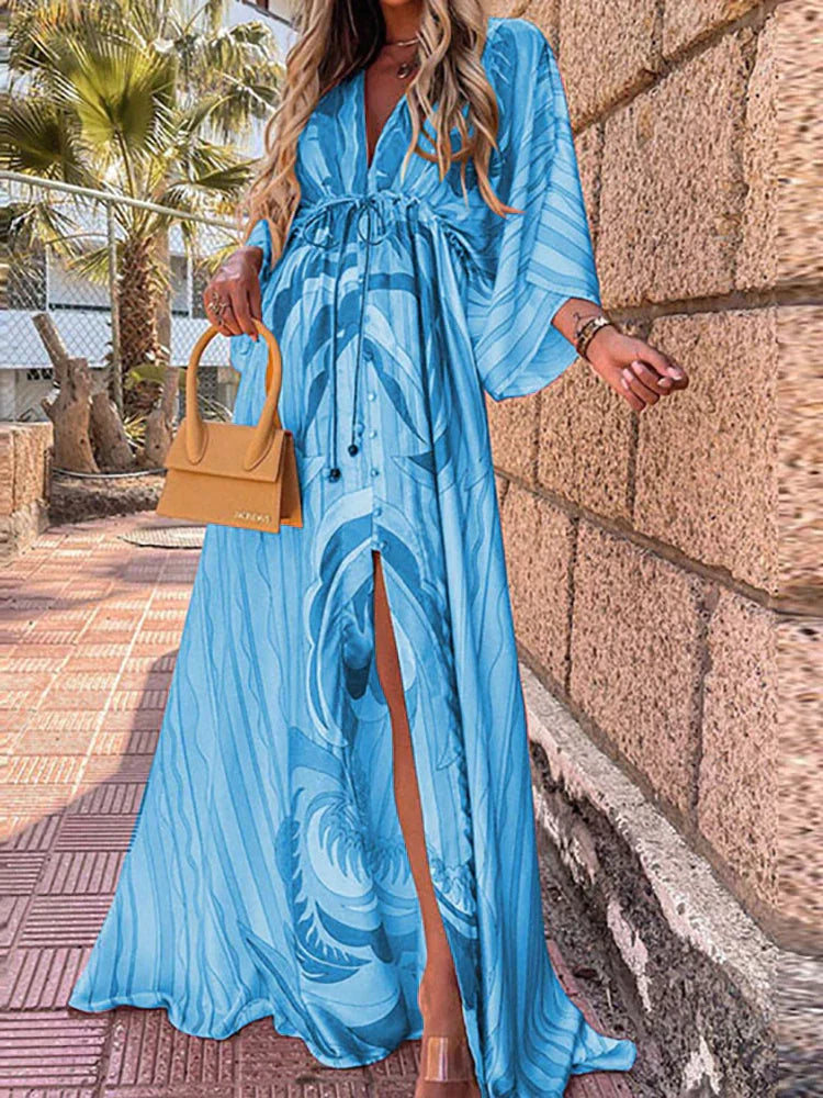 Vibrant Long Sleeve Graphic Maxi Dress