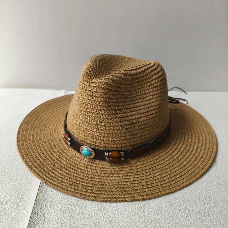 Rustic Natural Fiber Cowboy Hat - Brown Wooden Beads