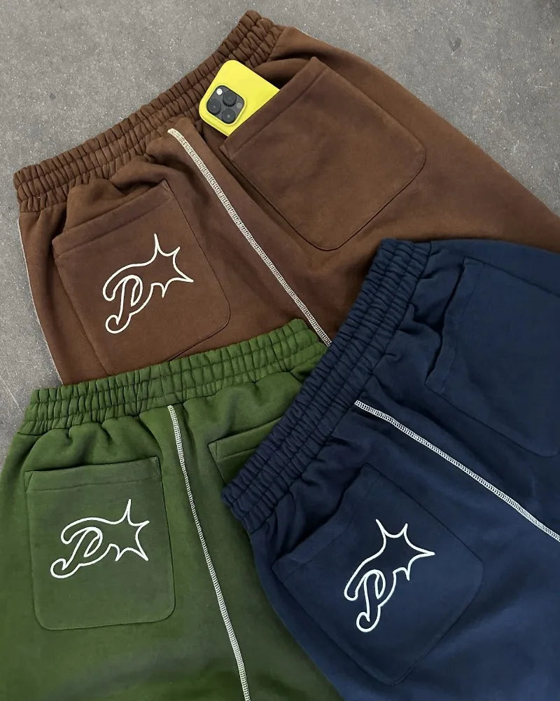Casual Embroidered Baggy Sweatpants – Retro Wide Leg Pants - BritishElegance