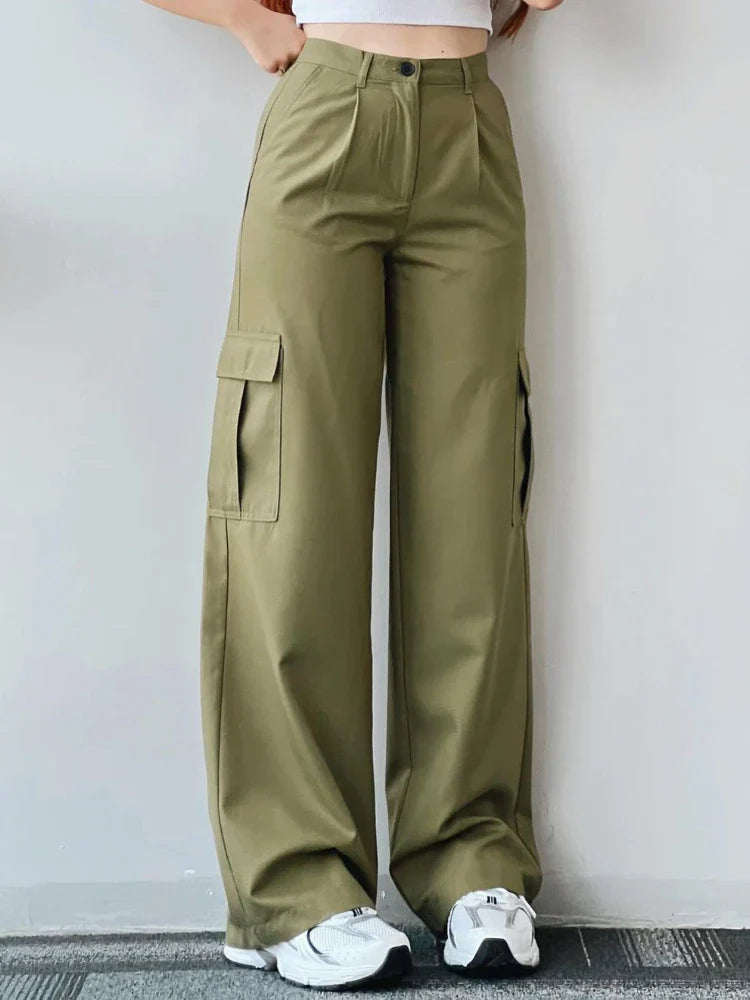 Retro Style Beige Cargo Wide Leg Jogger Pants