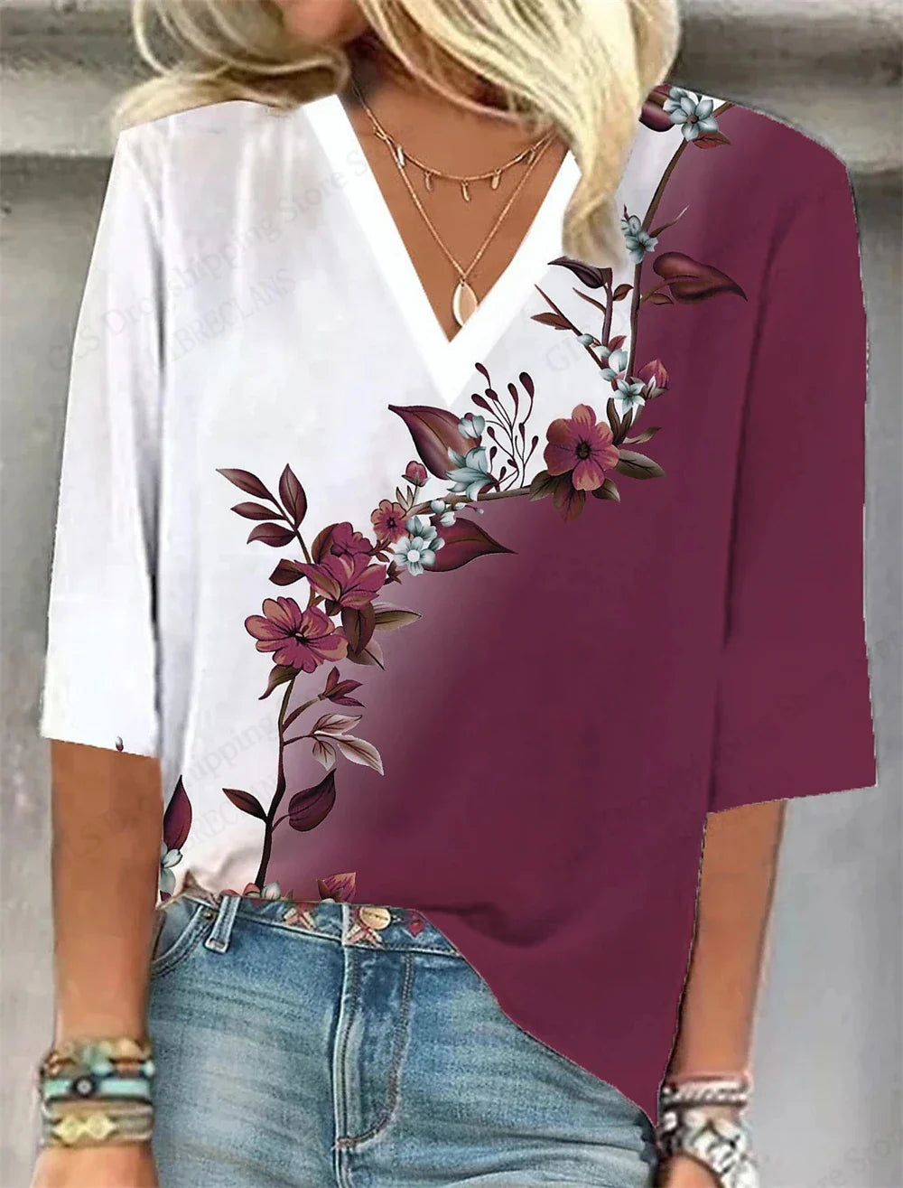 Relaxed Fit Floral V-Neck T-Shirt – Casual Summer Top