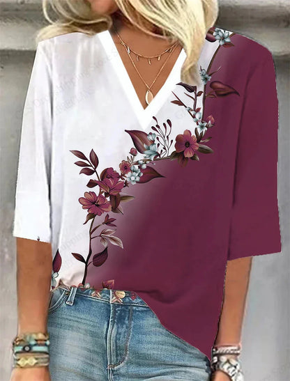 Relaxed Fit Floral V-Neck T-Shirt – Casual Summer Top
