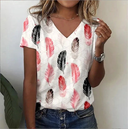 Casual Floral Graphic V-Neck T-Shirt – Loose Fit Women's Top