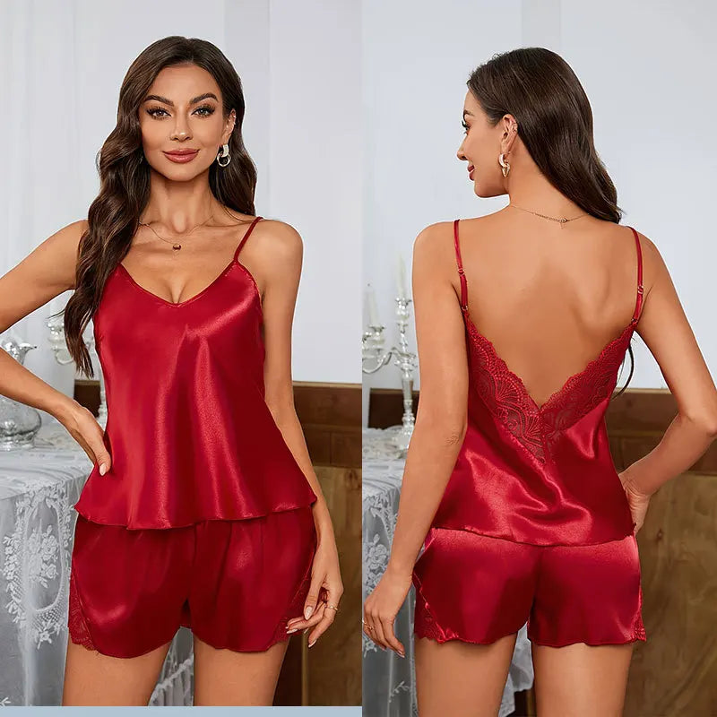 Sleeveless Satin Lace Cami Shorts Set