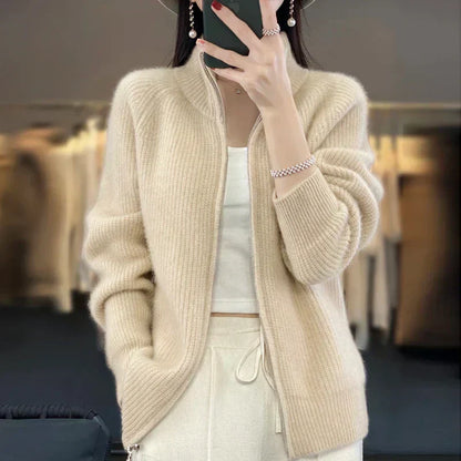 Soft 100% Wool Zip Up Women's Cardigan Sweater - BritishElegance