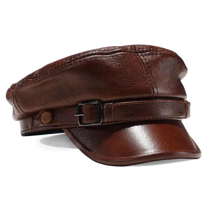 Classic Black Leather Military Cap - Adjustable Fit - BritishElegance