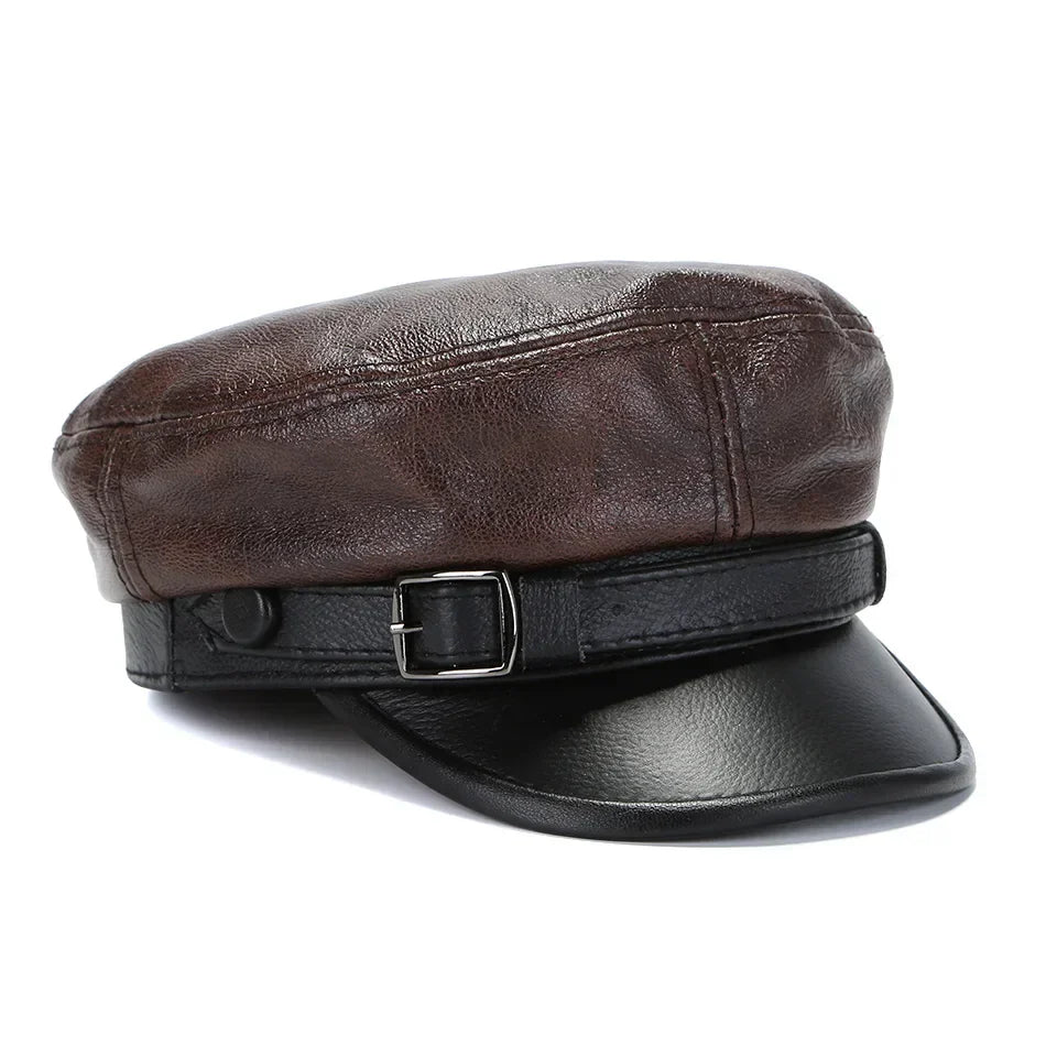 Classic Black Leather Military Cap - Adjustable Fit