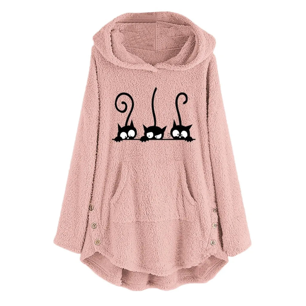 Cozy Fleece Hooded Sweatshirt for Women with Cat Design