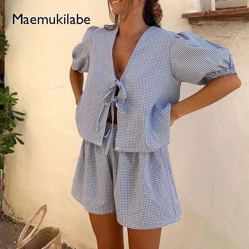 Classic Plaid Ruffle Sleeve Crop Top & Shorts Set - BritishElegance