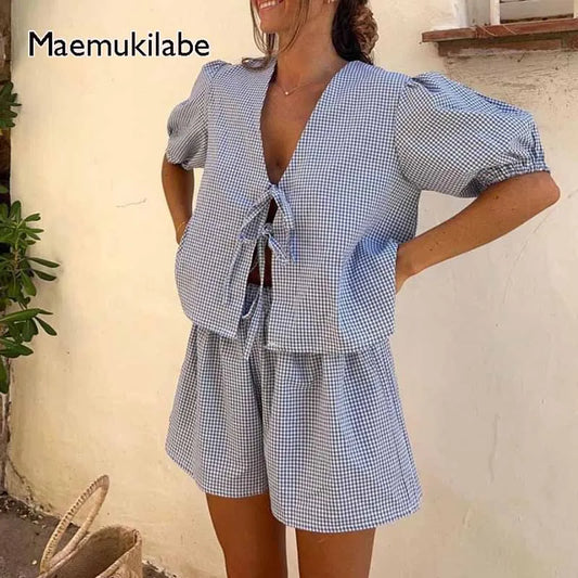 Classic Plaid Ruffle Sleeve Crop Top & Shorts Set - BritishElegance