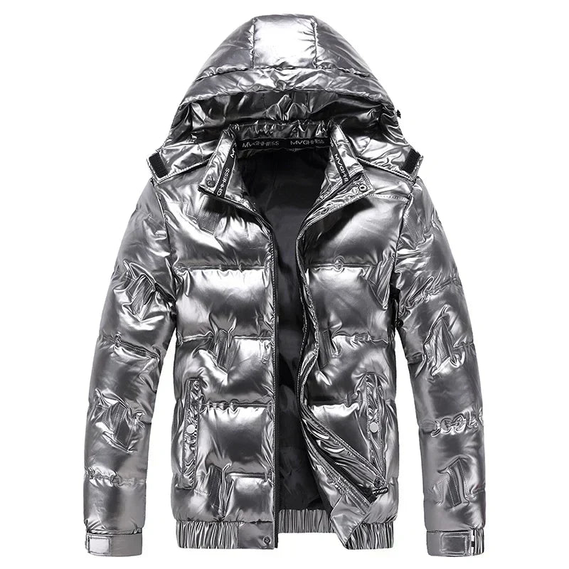 Men’s High Gloss Hooded Puffer Jacket with Snap Placket