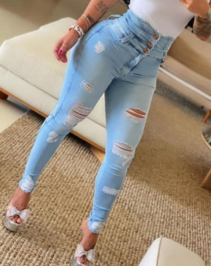 Trendy High Waist Distressed Womens Jeans with Buttons - BritishElegance