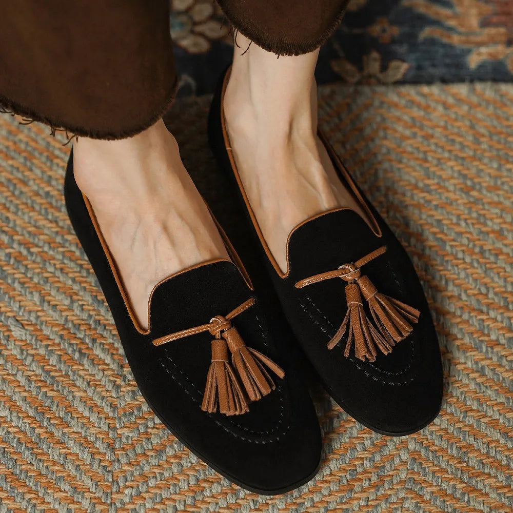 Women's Soft Leather Fringe Flat Shoes - BritishElegance