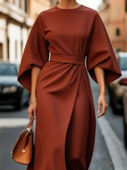 Valencia – Structured A-Line Midi Dress with Belted Waist