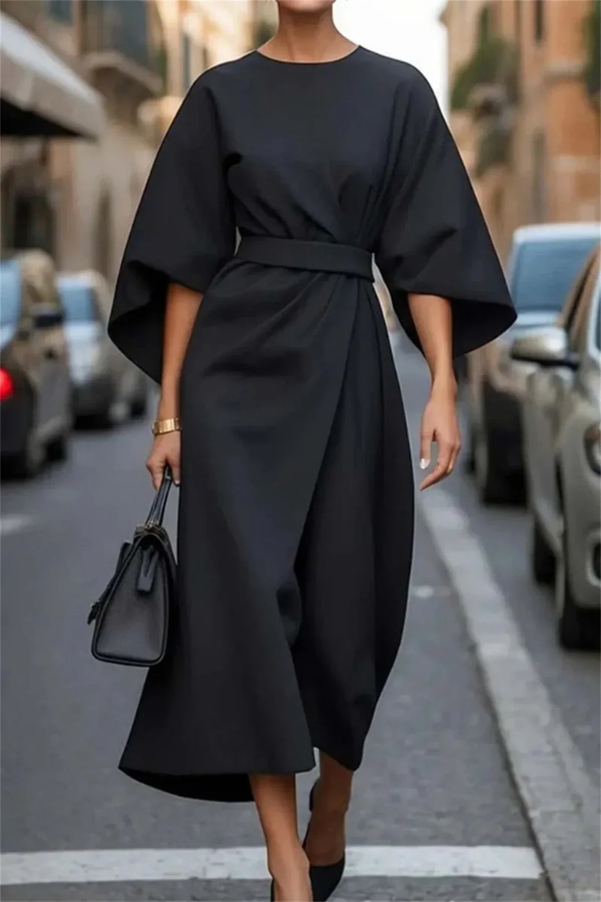 Valencia – Structured A-Line Midi Dress with Belted Waist