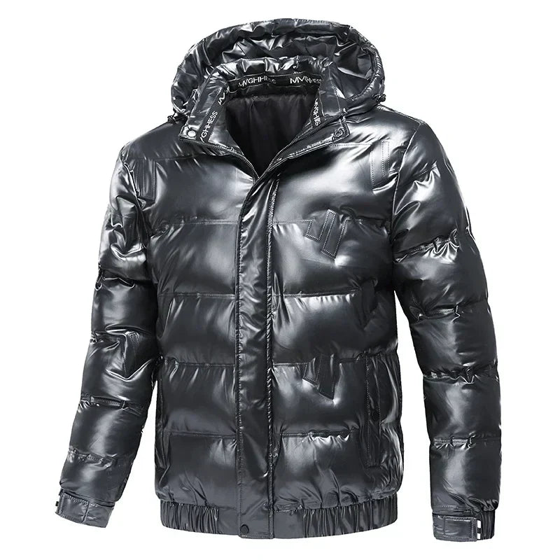 Men’s High Gloss Hooded Puffer Jacket with Snap Placket