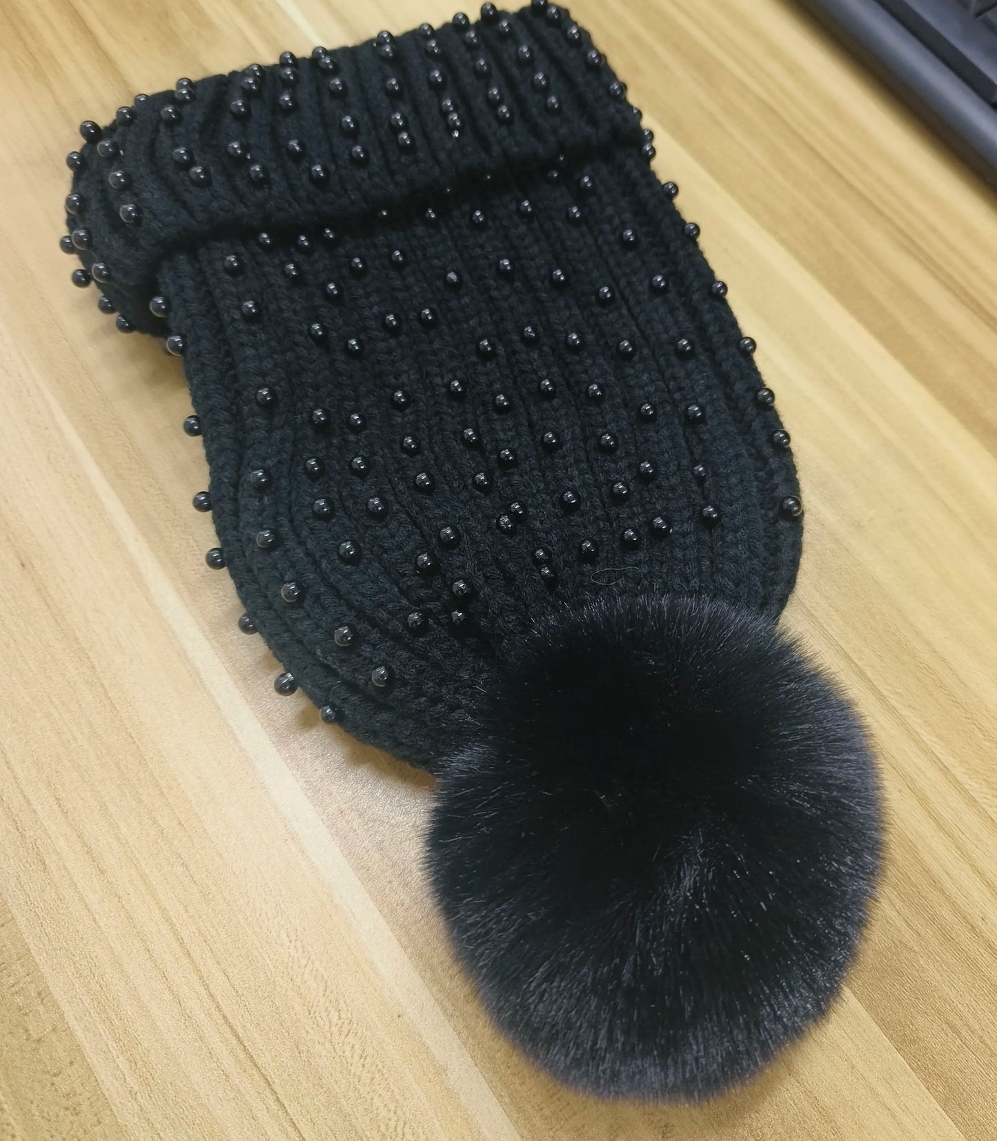 Sparkly Beaded Winter Pom Pom Hat