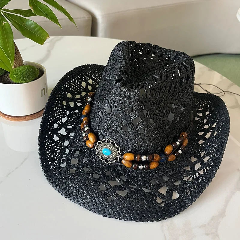 Rustic Natural Fiber Cowboy Hat - Brown Wooden Beads