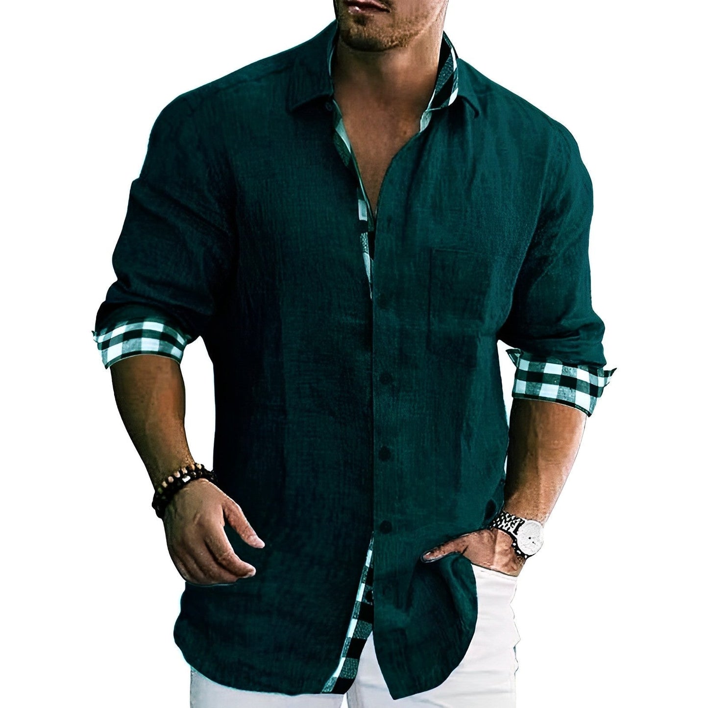 Men's casual shirt featuring contrast details and rolled sleeves