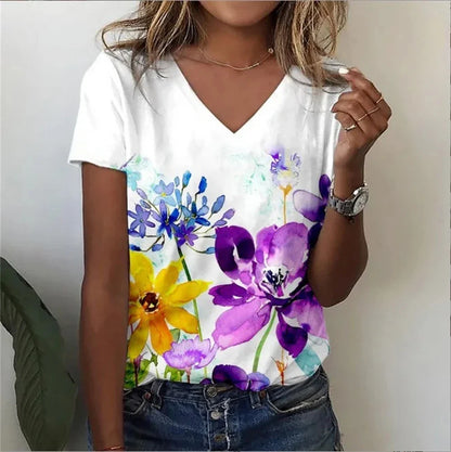 Casual Floral Graphic V-Neck T-Shirt – Loose Fit Women's Top