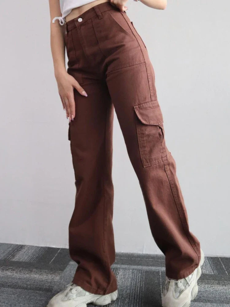 Retro Style Beige Cargo Wide Leg Jogger Pants