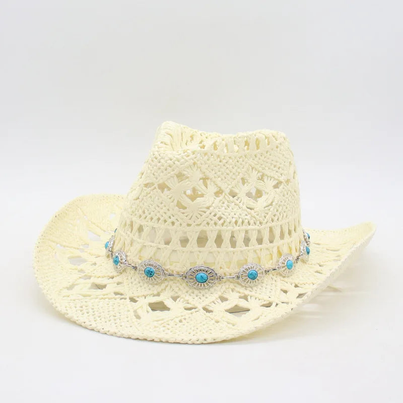 Rustic Natural Fiber Cowboy Hat - Brown Wooden Beads