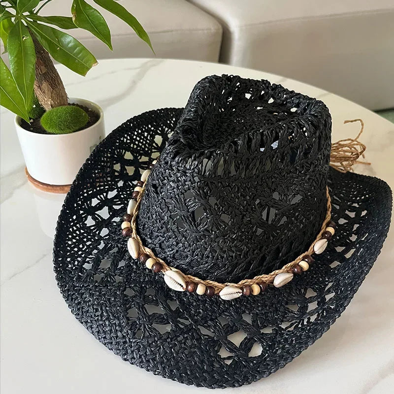 Rustic Natural Fiber Cowboy Hat - Brown Wooden Beads