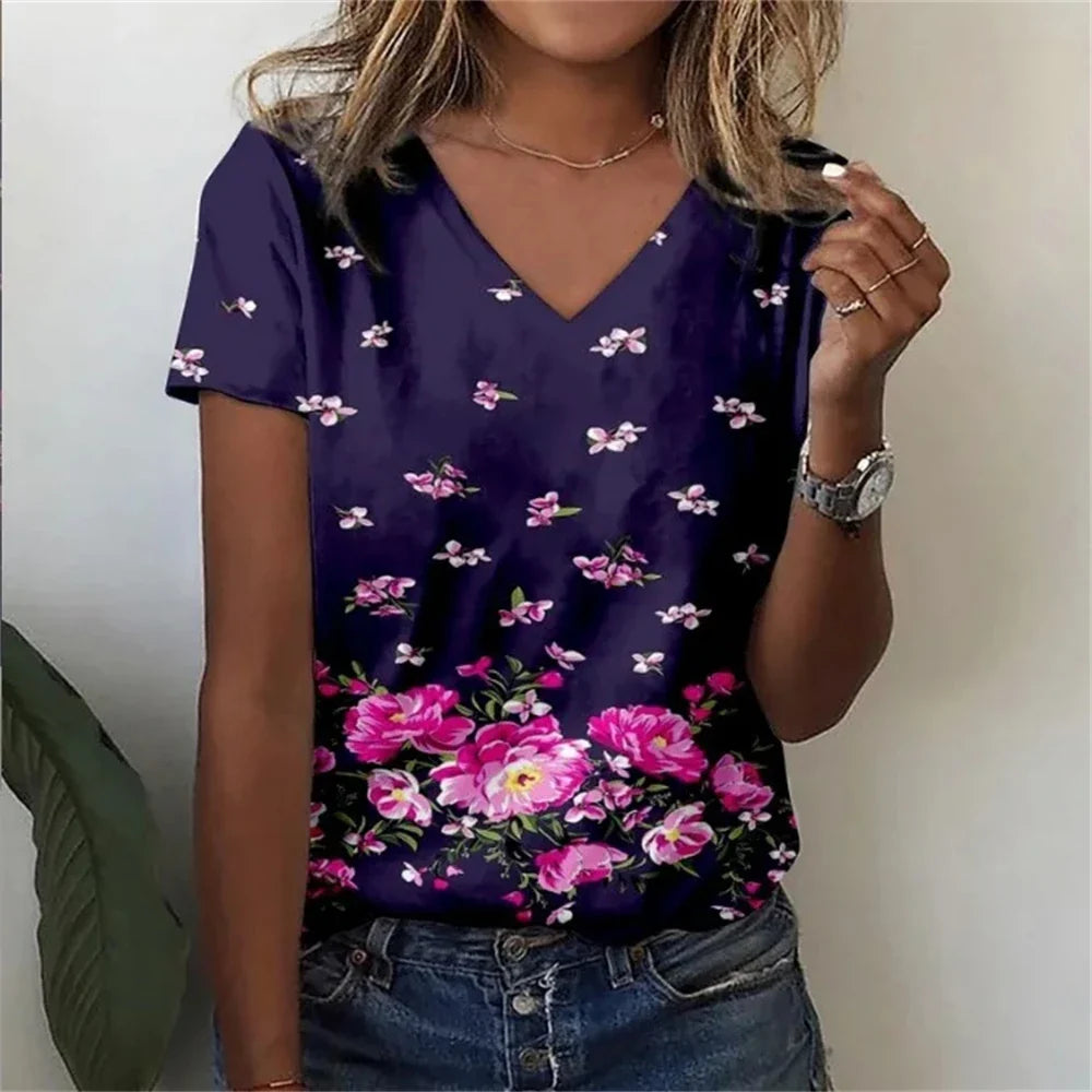 Casual Floral Graphic V-Neck T-Shirt – Loose Fit Women's Top