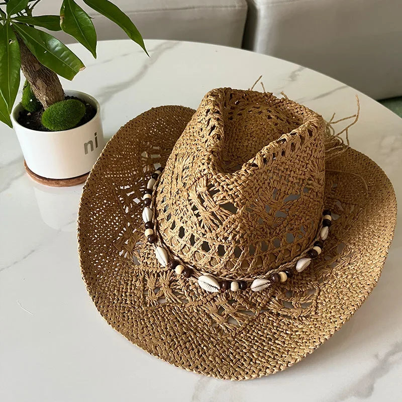 Rustic Natural Fiber Cowboy Hat - Brown Wooden Beads