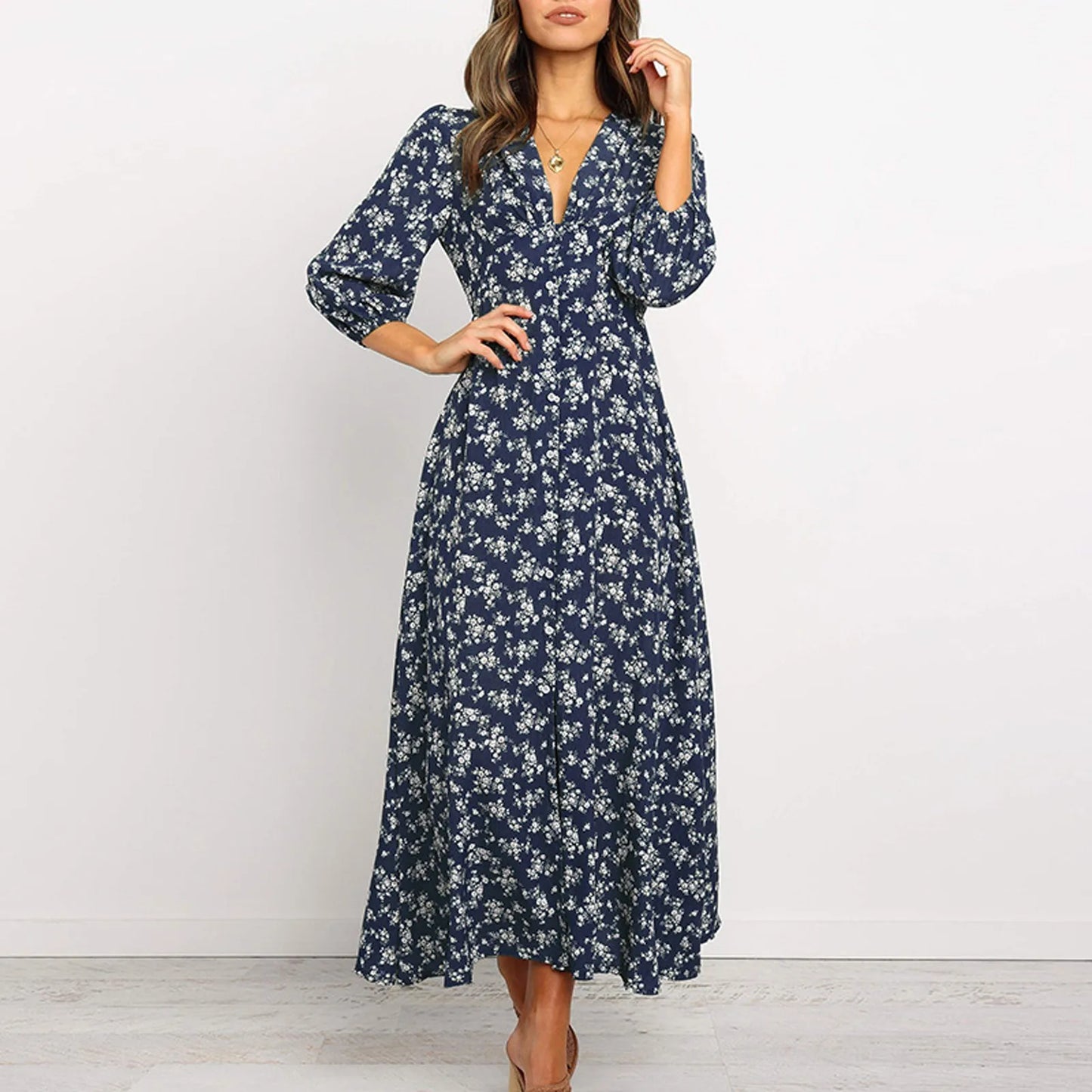 Beautiful Flower V-neck Long Dress for Ladies - BritishElegance