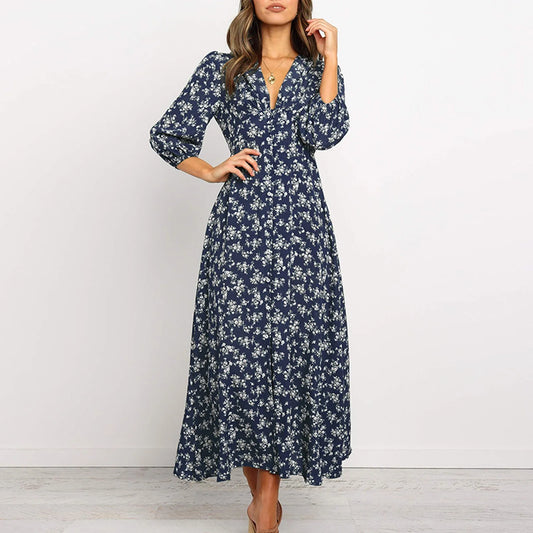 Beautiful Flower V-neck Long Dress for Ladies - BritishElegance