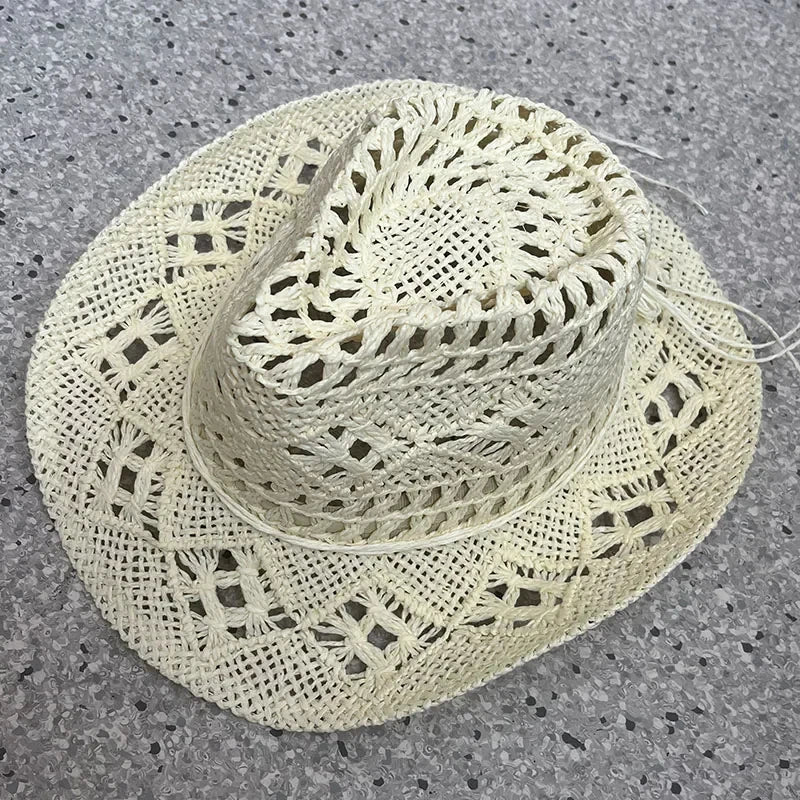Rustic Natural Fiber Cowboy Hat - Brown Wooden Beads